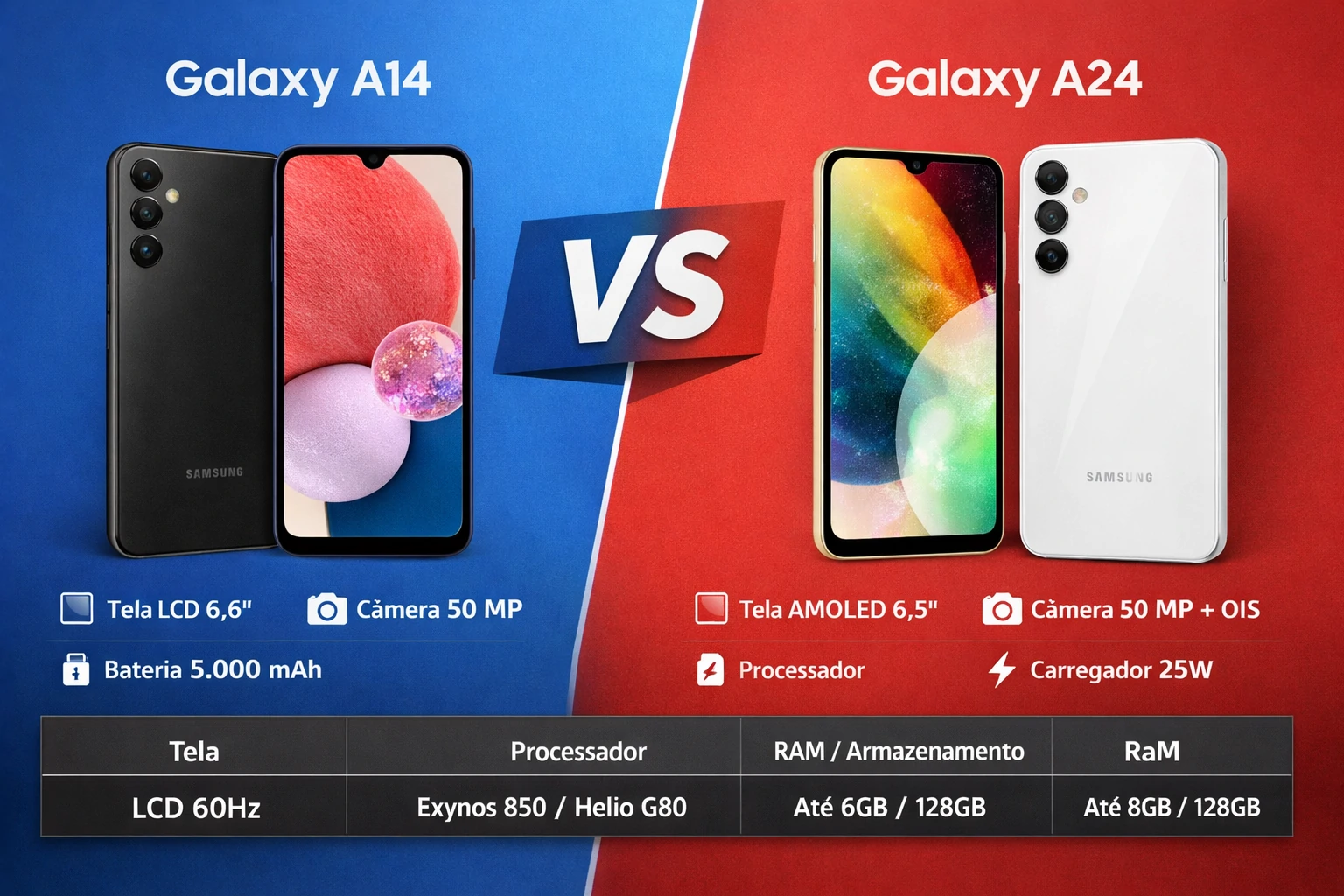 Samsung Galaxy A14 vs Galaxy A24: comparação completa, diferenças e qual escolher
