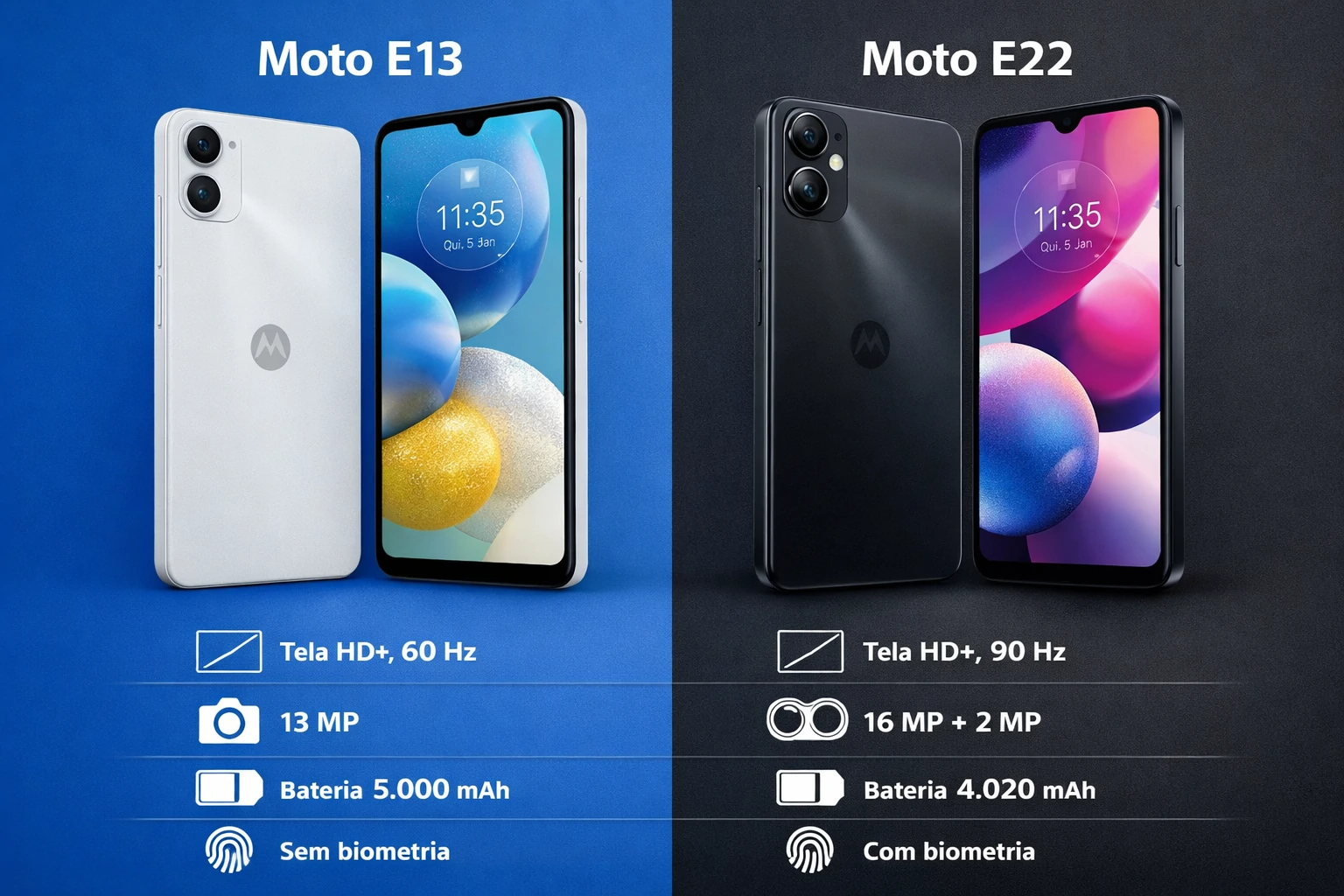 Motorola Moto E13 vs Moto E22: comparação completa, diferenças e qual vale mais a pena