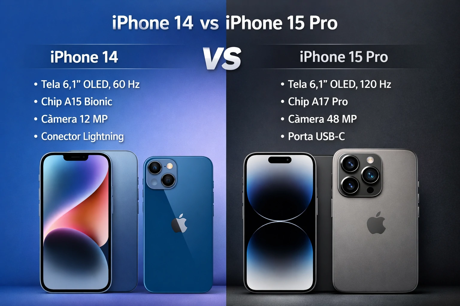 iPhone 14 vs iPhone 15 Pro: comparação completa, diferenças e qual escolher
