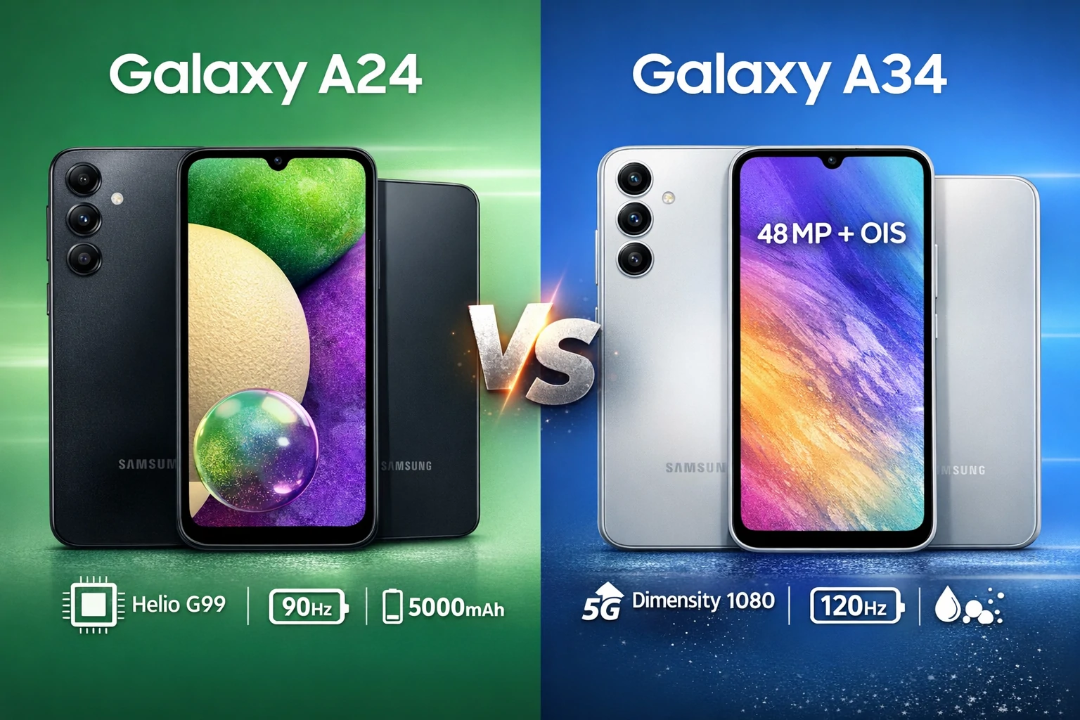 Samsung Galaxy A24 vs Galaxy A34: comparação completa, diferenças e qual vale mais a pena