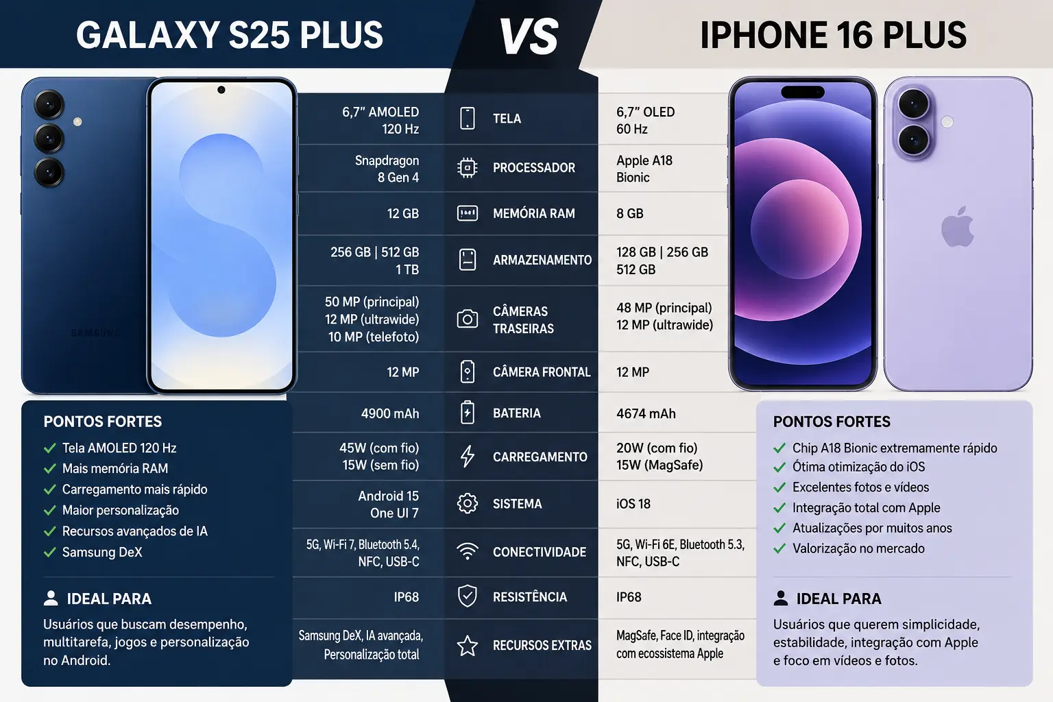 Galaxy S25 Plus e iPhone 16 Plus