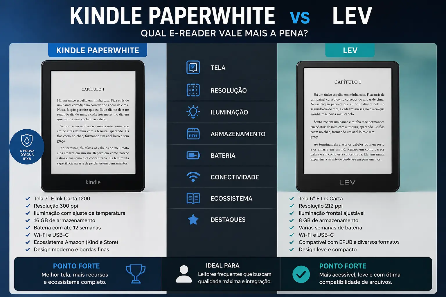 Kindle Paperwhite vs Lev: comparação completa para escolher o melhor e-reader